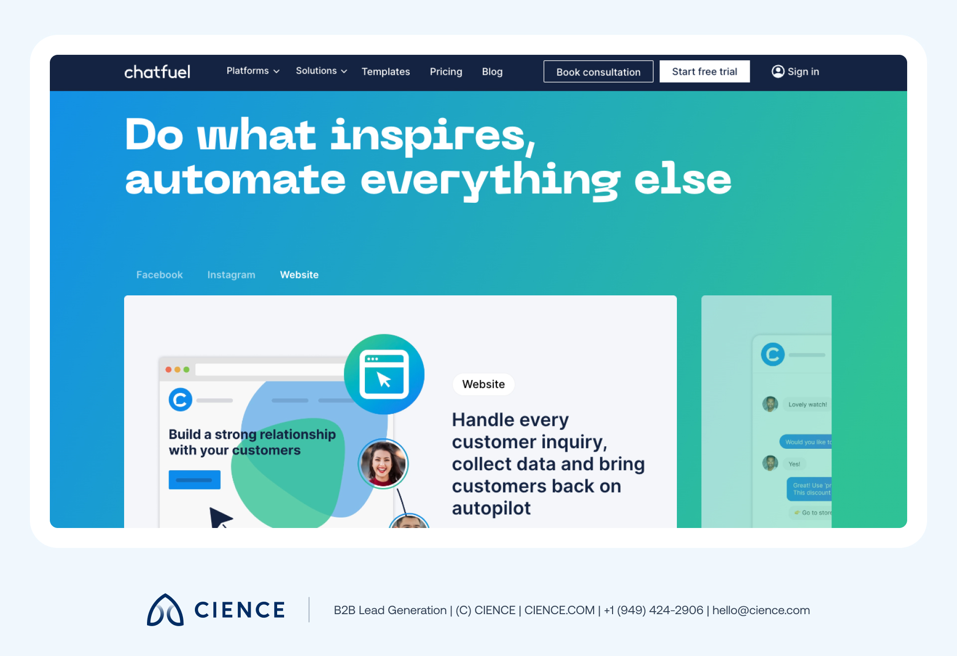 Chatfuel ad-to-messaging chatbot interface for Facebook Messenger and WhatsApp